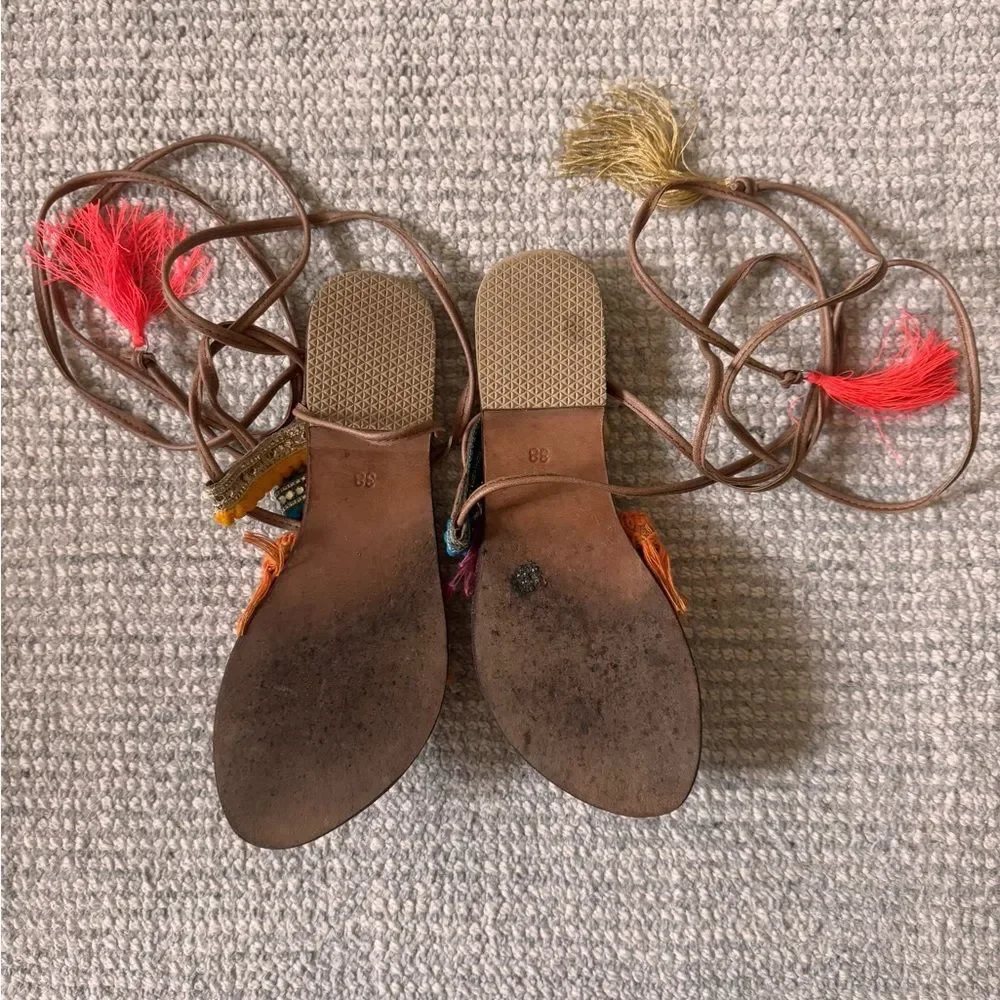 Greek Bohemian Embroidered Leather Sandals with Pom Poms & Tassels - 38 (US 7)